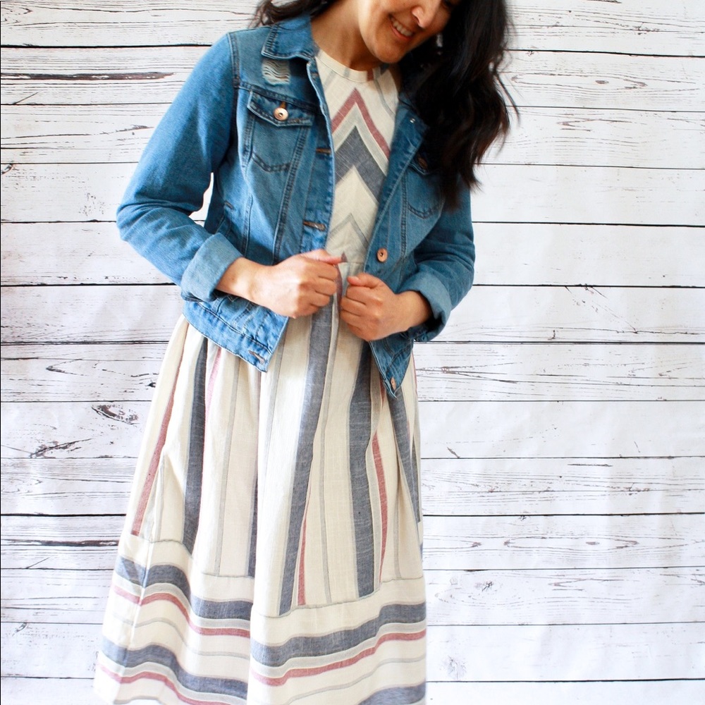 Striped High Neck Cotton Midi Dress w/ Pockets